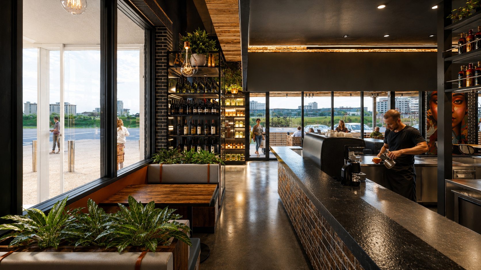 Times Casey & Co venue render with windows, plants and warm interior lighting